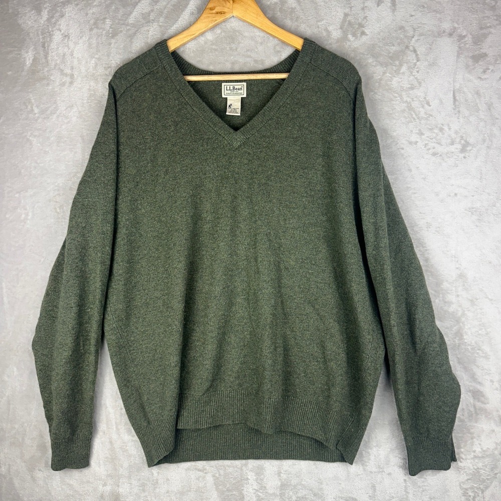 LL Bean Mens XL Lambswool V-Neck Sweater Olive Green Raglan 0JLV4 Regular
